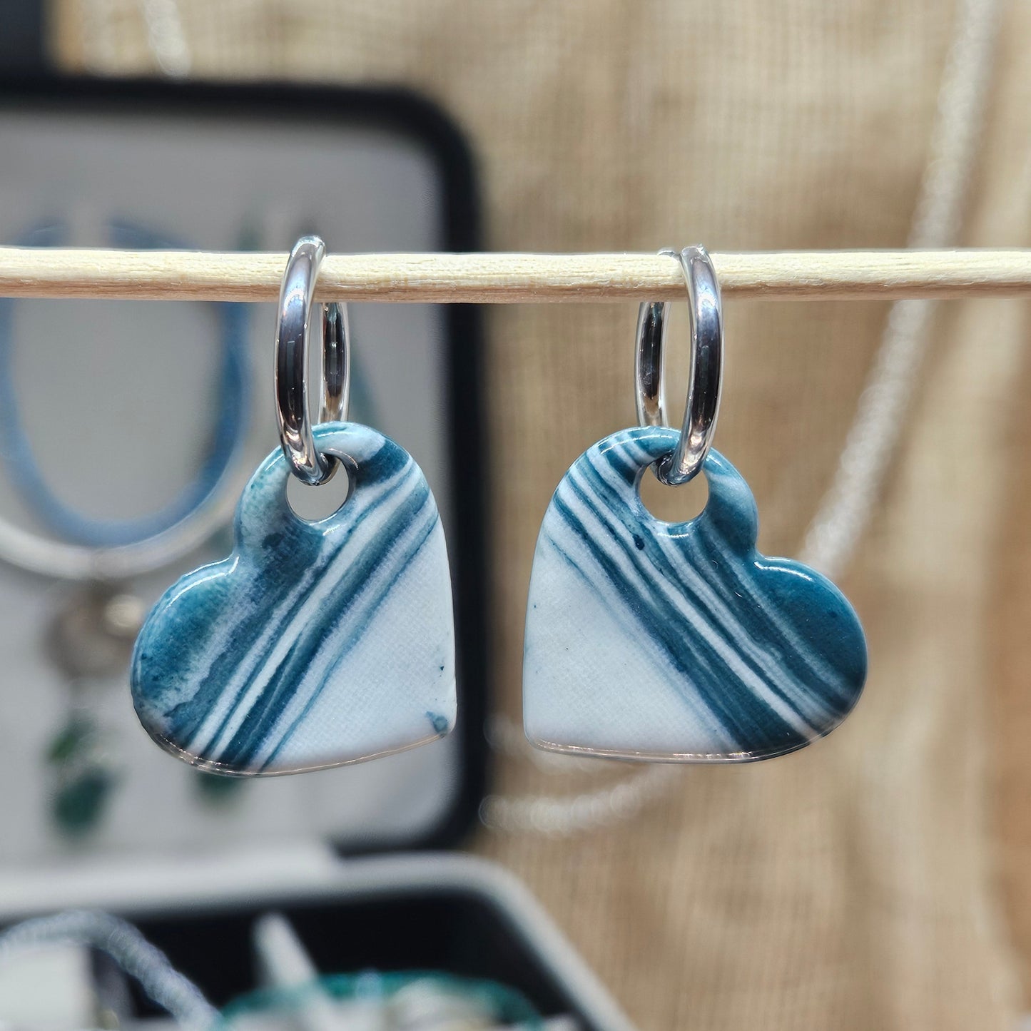 Créoles - Coeurs en Porcelaine marbré Vert émeraude