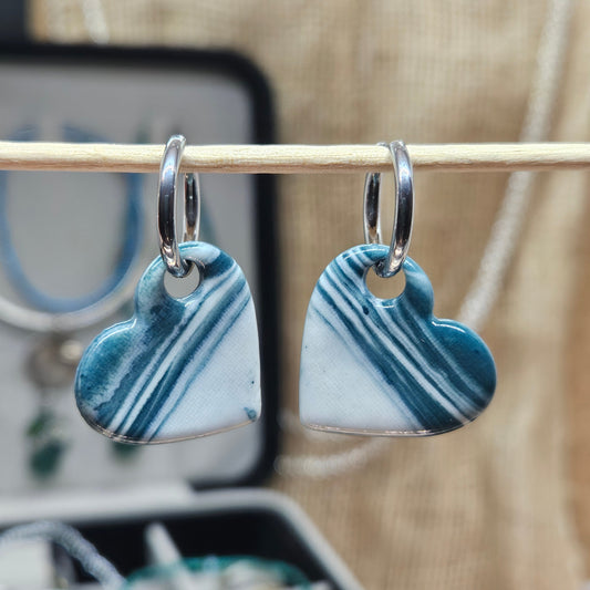 Créoles - Coeurs en Porcelaine marbré Vert émeraude