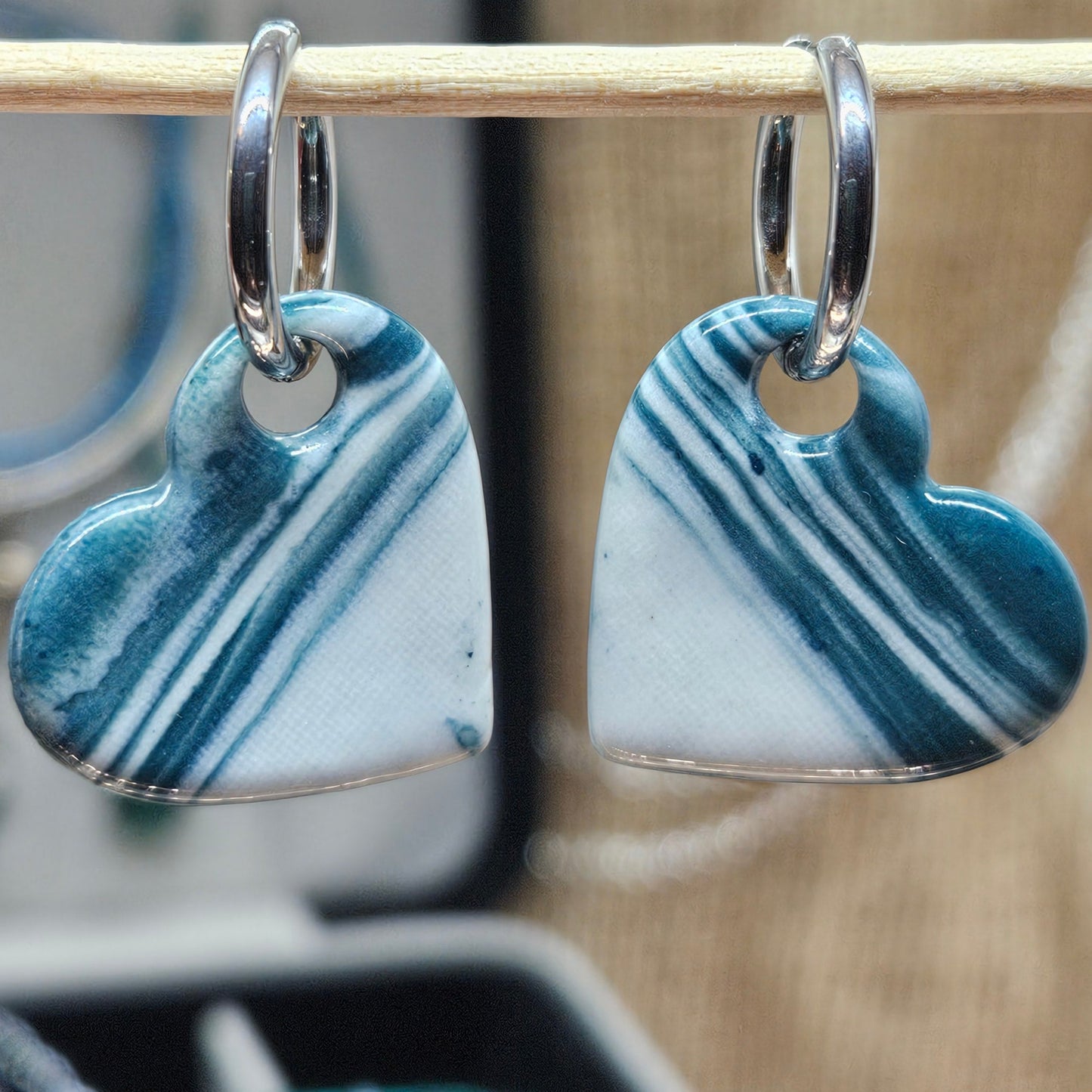 Créoles - Coeurs en Porcelaine marbré Vert émeraude